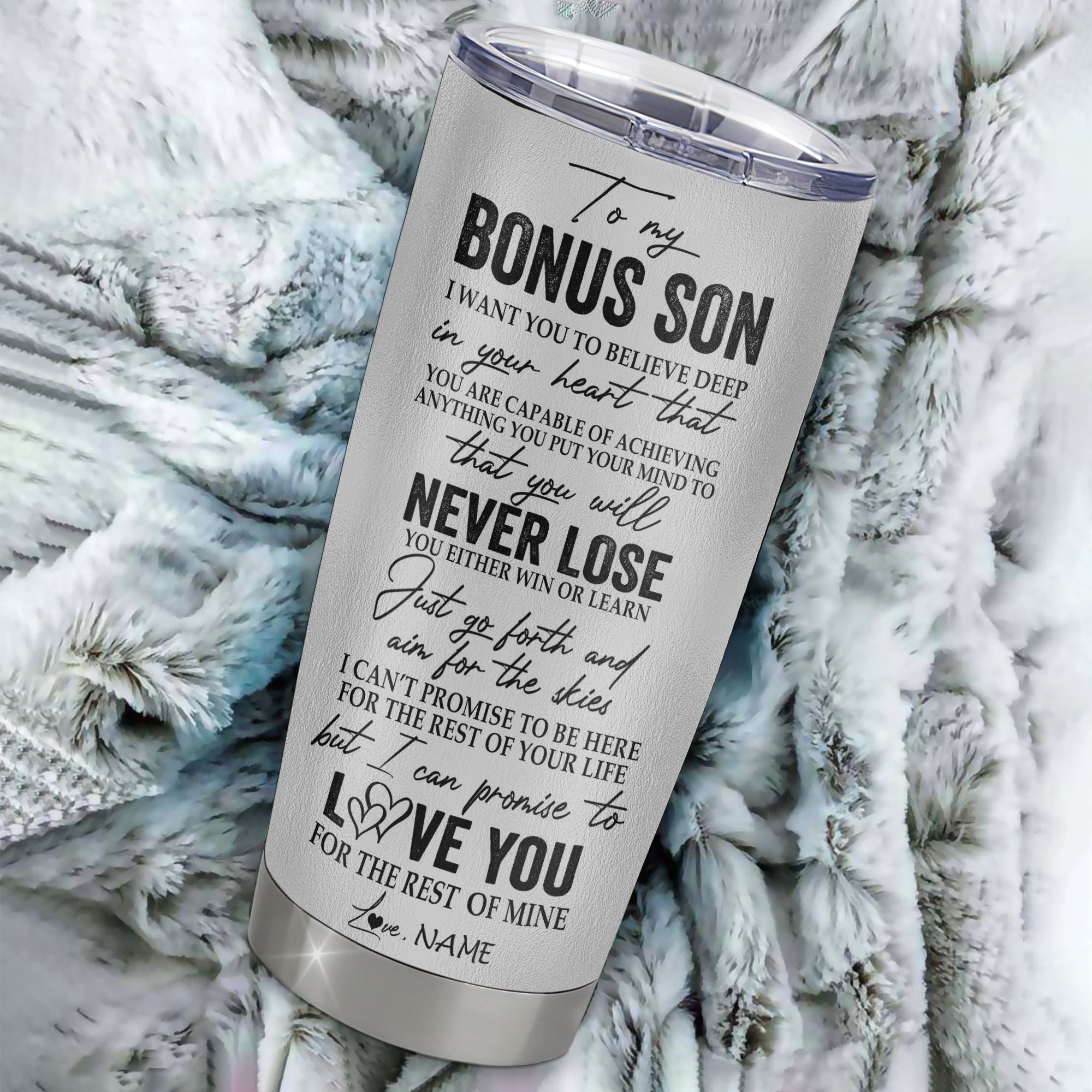 Personalized To My Bonus Son From Stepdad Stepmom Father Stainless Steel Tumbler Cup You Will Never Lose Wolf Stepson Birthday Graduation Christmas Travel Mug | siriusteestore