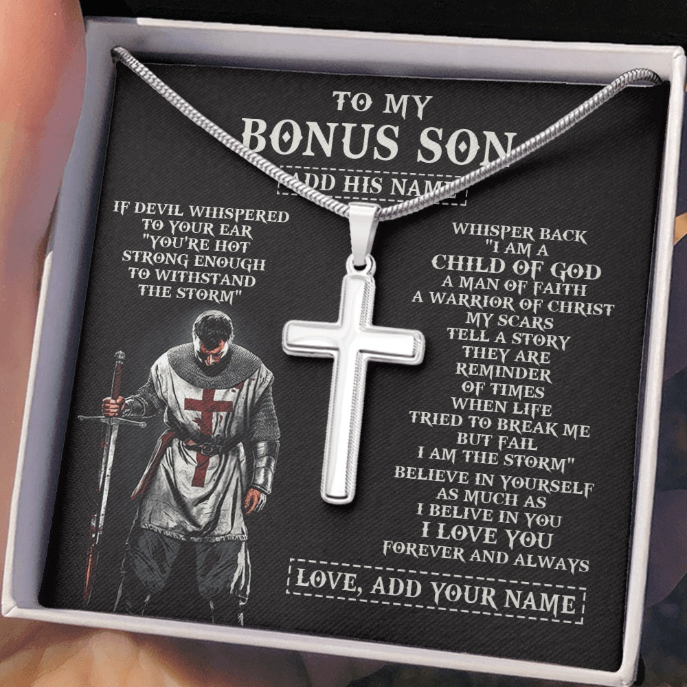 Stainless Cross Necklace Stainless Steel | 2 | Personalized To My Bonus Son From Stepdad Stepmom Necklace I Am The Storm Knight Templar Birthday Gifts For Stepson Christmas Custom Gift Box Message Card | https://siriusteestore.
