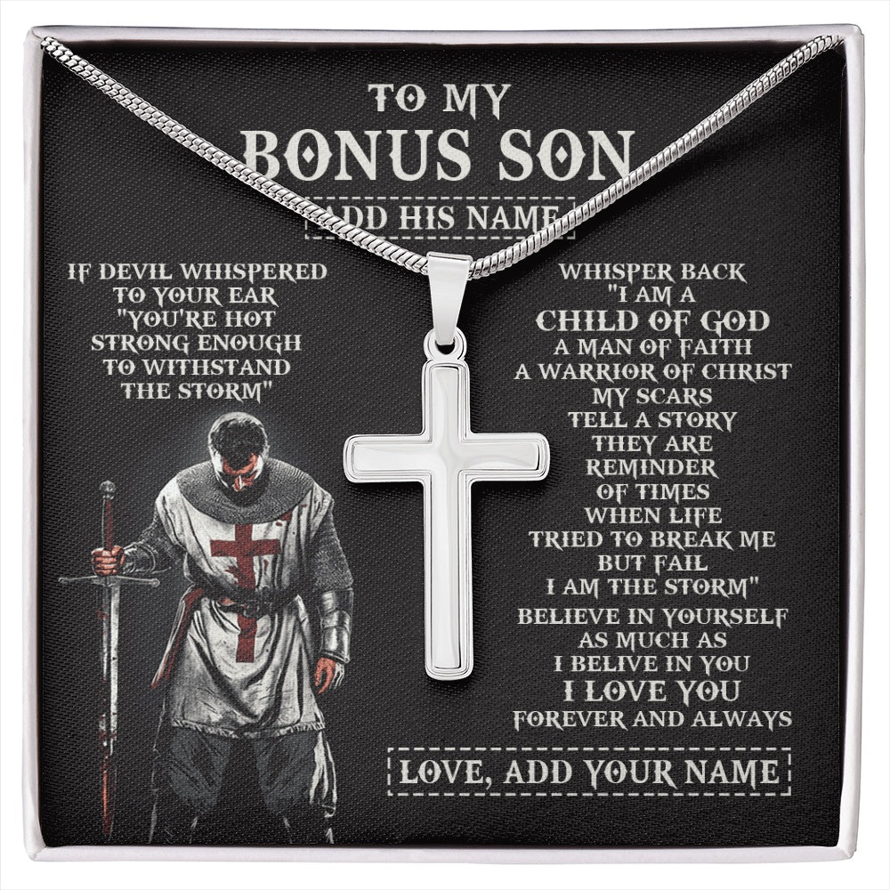 Stainless Cross Necklace Stainless Steel | 1 | Personalized To My Bonus Son From Stepdad Stepmom Necklace I Am The Storm Knight Templar Birthday Gifts For Stepson Christmas Custom Gift Box Message Card | https://siriusteestore.