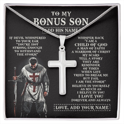 Stainless Cross Necklace Stainless Steel | 1 | Personalized To My Bonus Son From Stepdad Stepmom Necklace I Am The Storm Knight Templar Birthday Gifts For Stepson Christmas Custom Gift Box Message Card | https://siriusteestore.