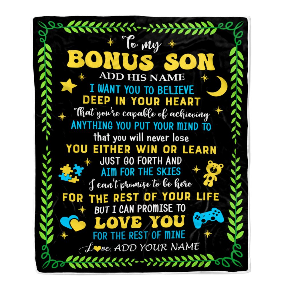 Personalized To My Bonus Son Gift Blanket From Stepmother Stepdad Letter Sleep Cute Stepson Birthday Idea Graduation Christmas Customized Fleece Throw Blanket | siriusteestore