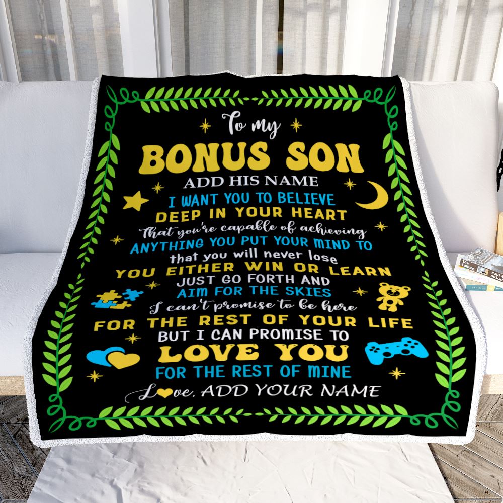 Personalized To My Bonus Son Gift Blanket From Stepmother Stepdad Letter Sleep Cute Stepson Birthday Idea Graduation Christmas Customized Fleece Throw Blanket | siriusteestore