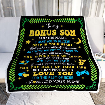 Personalized To My Bonus Son Gift Blanket From Stepmother Stepdad Letter Sleep Cute Stepson Birthday Idea Graduation Christmas Customized Fleece Throw Blanket | siriusteestore