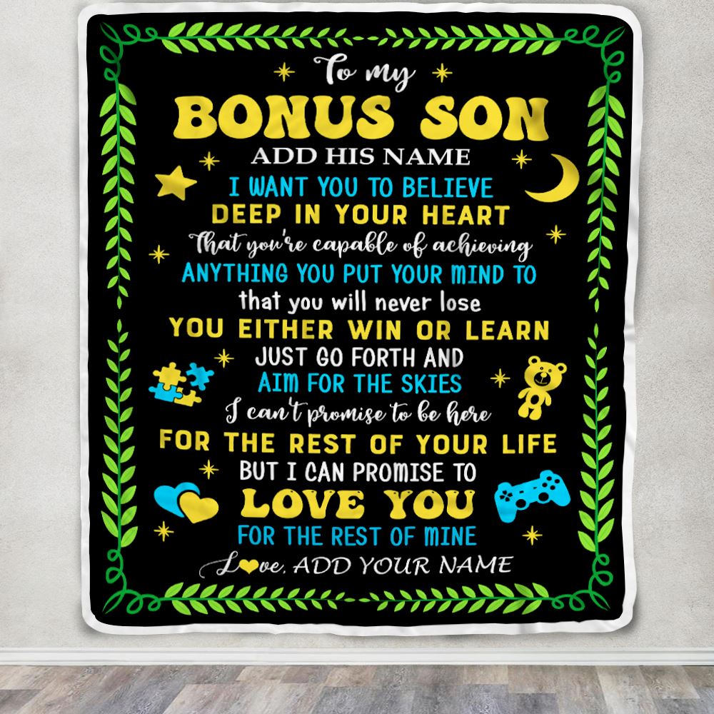 Personalized To My Bonus Son Gift Blanket From Stepmother Stepdad Letter Sleep Cute Stepson Birthday Idea Graduation Christmas Customized Fleece Throw Blanket | siriusteestore