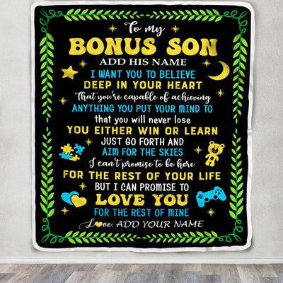 Personalized To My Bonus Son Gift Blanket From Stepmother Stepdad Letter Sleep Cute Stepson Birthday Idea Graduation Christmas Customized Fleece Throw Blanket | siriusteestore
