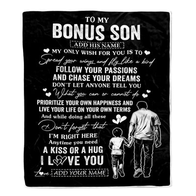Personalized To My Bonus Son Gifts Blanket From Stepdad My Only Wish For You Stepson Birthday Gifts Graduation Christmas Customized Fleece Throw Blanket | siriusteestore