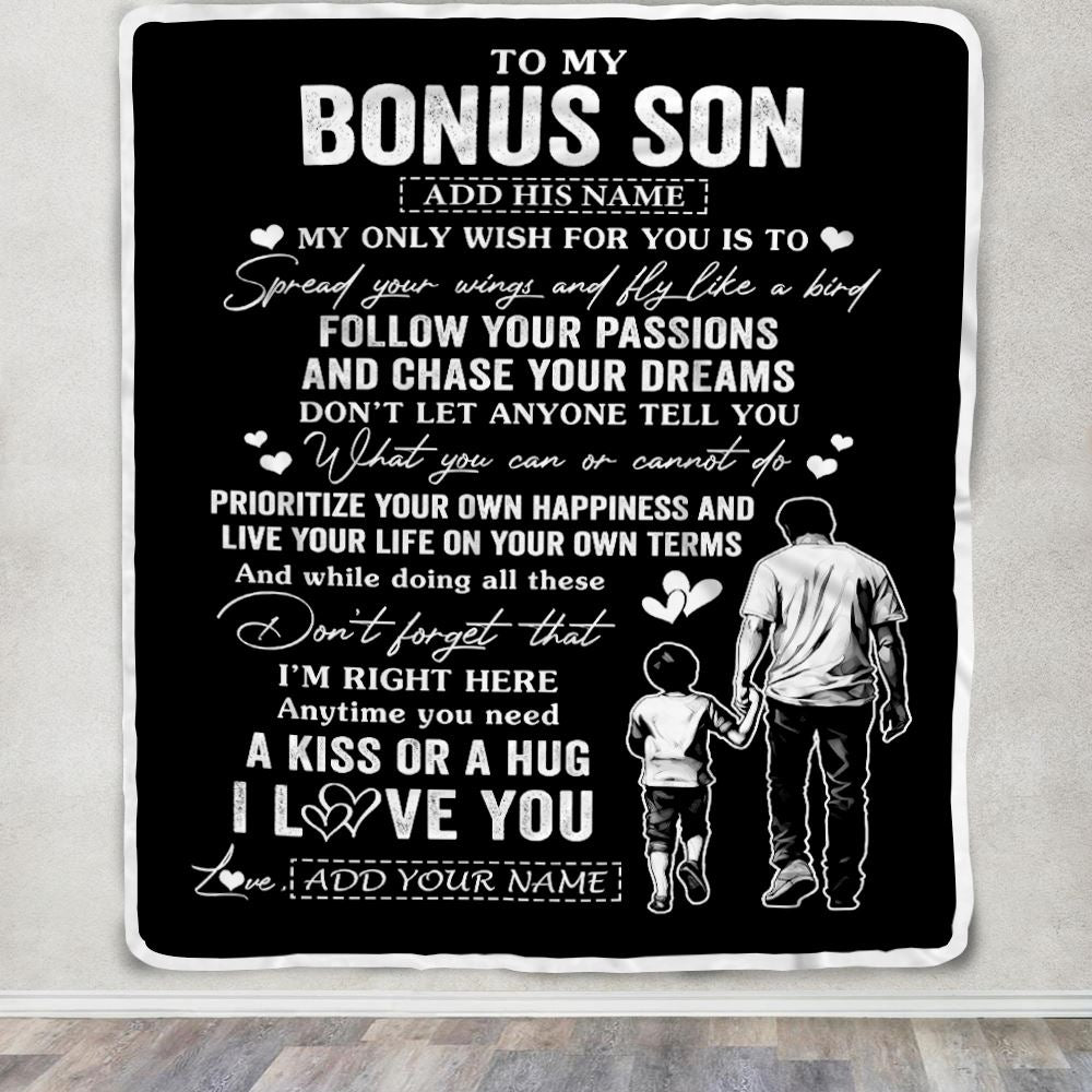 Personalized To My Bonus Son Gifts Blanket From Stepdad My Only Wish For You Stepson Birthday Gifts Graduation Christmas Customized Fleece Throw Blanket | siriusteestore