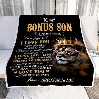 Personalized To My Bonus Son Gifts Blanket From Stepdad Stepmom Laugh Love Live Lion Stepson Happy Birthday Gifts Graduation Christmas Custom Fleece Blanket | siriusteestore