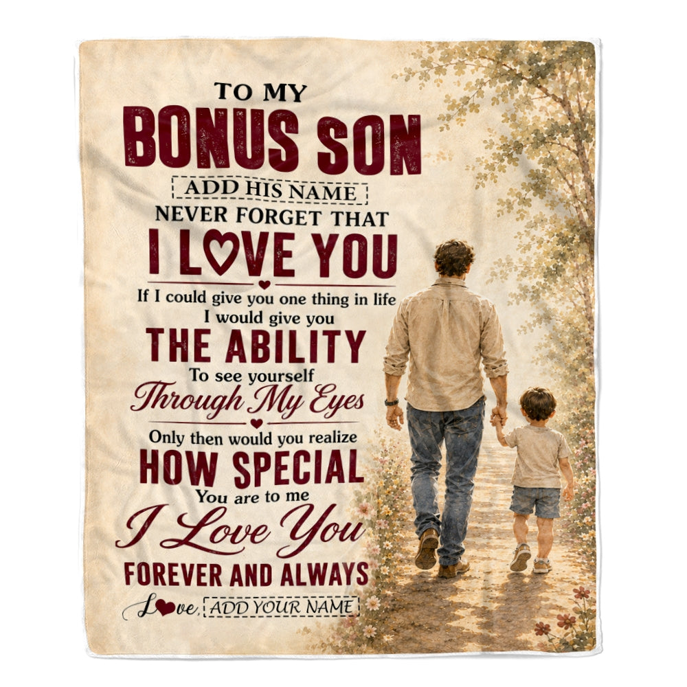 Personalized To My Bonus Son Gifts Blanket From Stepdad Stepson Holding Hands Letter Birthday Gift Graduation Christmas Customized Fleece Throw Blanket | siriusteestore
