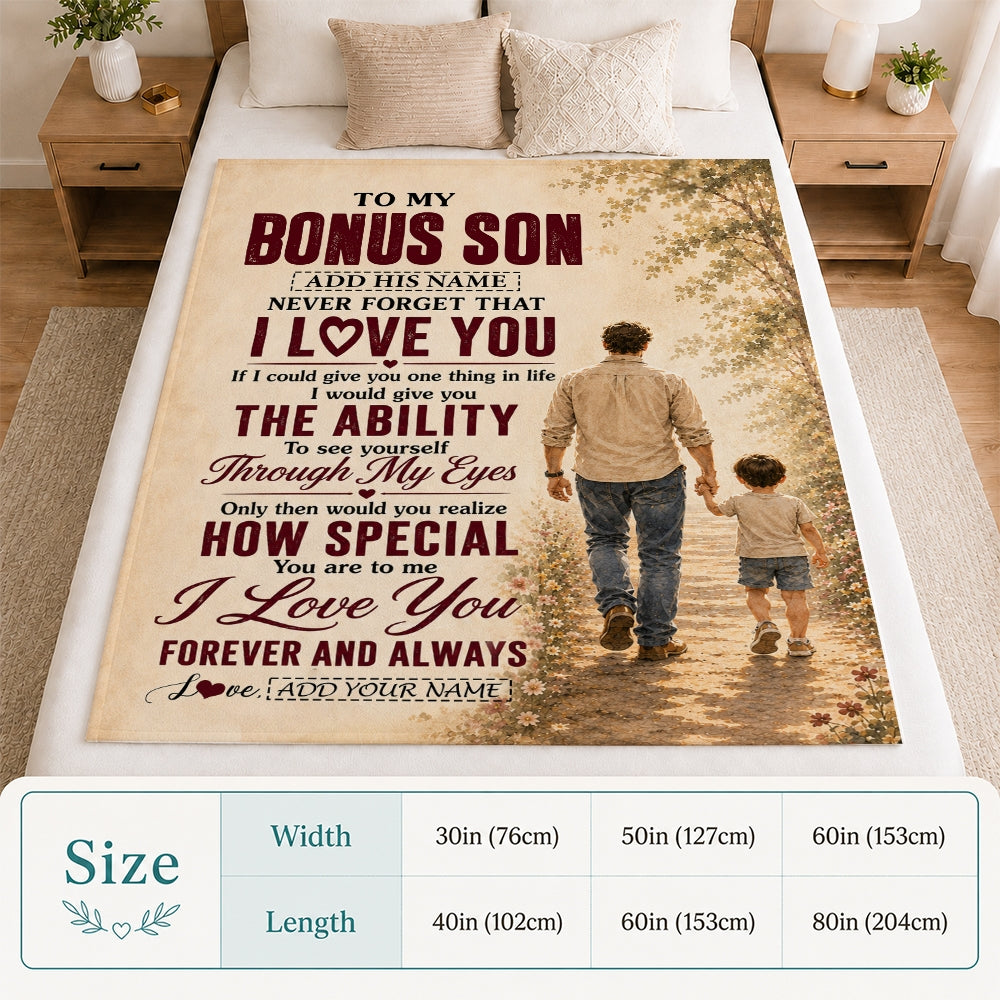 Personalized To My Bonus Son Gifts Blanket From Stepdad Stepson Holding Hands Letter Birthday Gift Graduation Christmas Customized Fleece Throw Blanket | siriusteestore