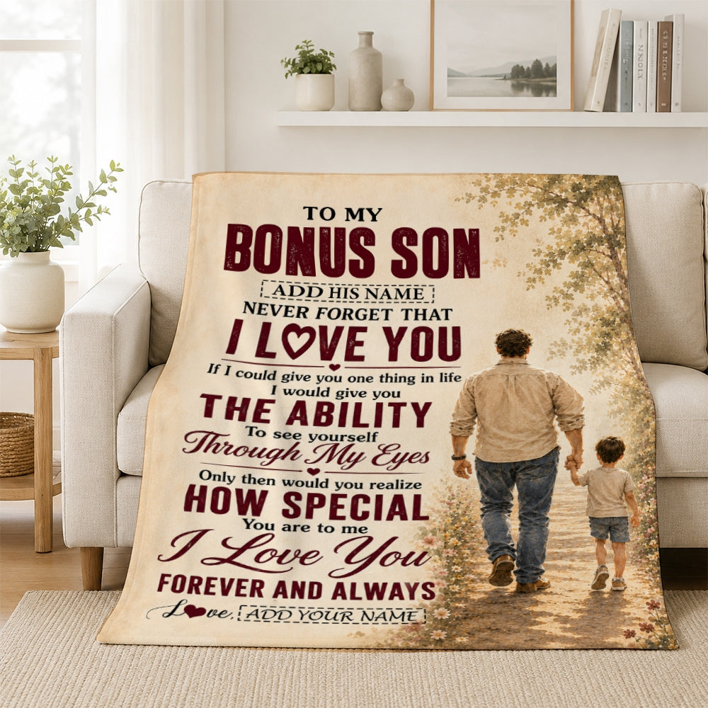 Personalized To My Bonus Son Gifts Blanket From Stepdad Stepson Holding Hands Letter Birthday Gift Graduation Christmas Customized Fleece Throw Blanket | siriusteestore