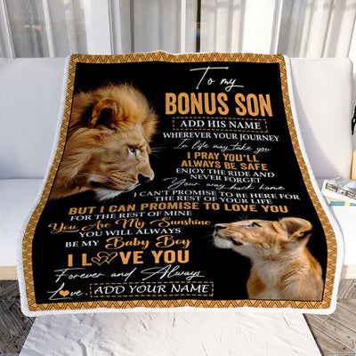 Personalized To My Bonus Son Gifts Blanket From Stepdad Wherever Your Journey In Life Lion StepSon Birthday Gifts Christmas Customized Fleece Blanket | siriusteestore