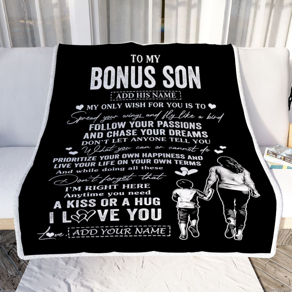 Personalized To My Bonus Son Gifts Blanket From Stepmom My Only Wish For You Stepson Birthday Gifts Graduation Christmas Customized Fleece Throw Blanket | siriusteestore