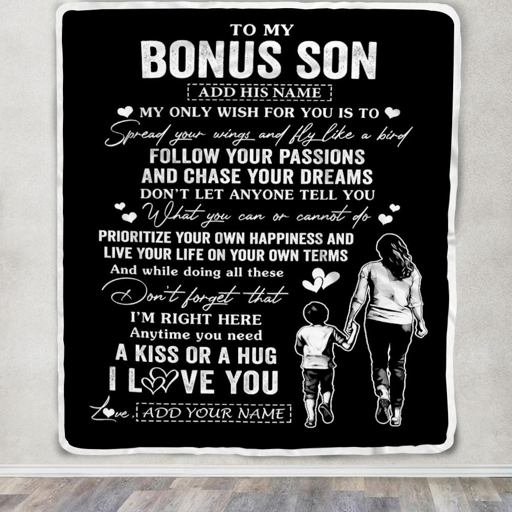 Personalized To My Bonus Son Gifts Blanket From Stepmom My Only Wish For You Stepson Birthday Gifts Graduation Christmas Customized Fleece Throw Blanket | siriusteestore