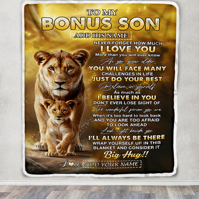 Personalized To My Bonus Son Gifts Blanket From Stepmom Never Forget How Much I Love You Lion StepSon Birthday Gifts Christmas Customized Fleece Blanket | siriusteestore