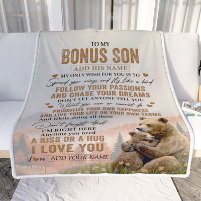 Personalized To My Bonus Son Gifts Blanket From Stepmom Stepdad Bear My Only Wish For You Stepson Birthday Gifts Graduation Christmas Fleece Throw Blanket | siriusteestore