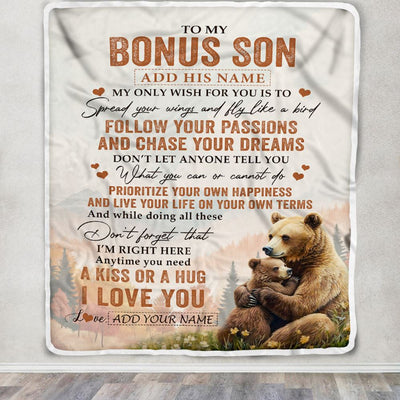 Personalized To My Bonus Son Gifts Blanket From Stepmom Stepdad Bear My Only Wish For You Stepson Birthday Gifts Graduation Christmas Fleece Throw Blanket | siriusteestore