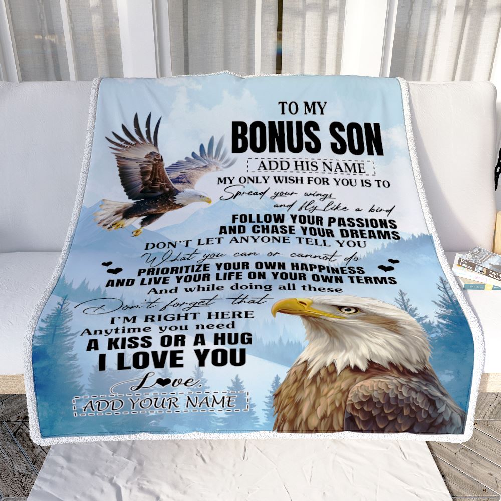 Personalized To My Bonus Son Gifts Blanket From Stepmom Stepdad Eagle My Only Wish For You Stepson Birthday Gifts Graduation Christmas Fleece Throw Blanket | siriusteestore