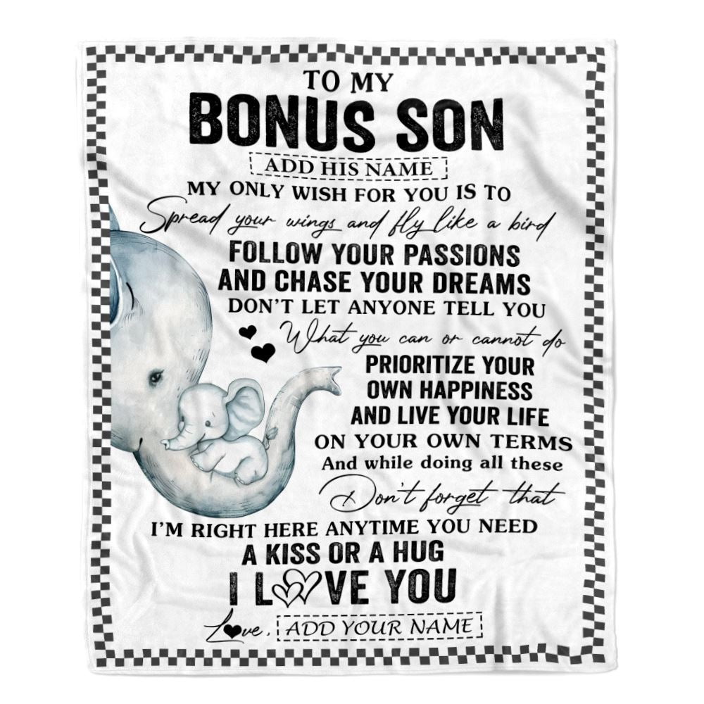 Personalized To My Bonus Son Gifts Blanket From Stepmom Stepdad Elephant My Only Wish For You Stepson Birthday Gifts Graduation Christmas Fleece Blanket | siriusteestore