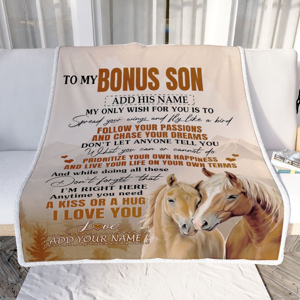 Personalized To My Bonus Son Gifts Blanket From Stepmom Stepdad Horse My Only Wish For You Stepson Birthday Gifts Graduation Christmas Fleece Throw Blanket | siriusteestore