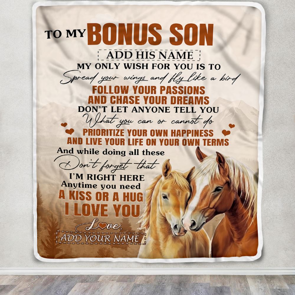 Personalized To My Bonus Son Gifts Blanket From Stepmom Stepdad Horse My Only Wish For You Stepson Birthday Gifts Graduation Christmas Fleece Throw Blanket | siriusteestore