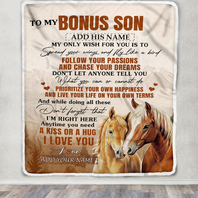 Personalized To My Bonus Son Gifts Blanket From Stepmom Stepdad Horse My Only Wish For You Stepson Birthday Gifts Graduation Christmas Fleece Throw Blanket | siriusteestore