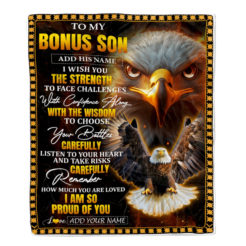Personalized To My Bonus Son Gifts Blanket From Stepmom Stepdad I Wish You The Strength Eagle Stepson Birthday Gifts Christmas Graduation Fleece Blanket | siriusteestore