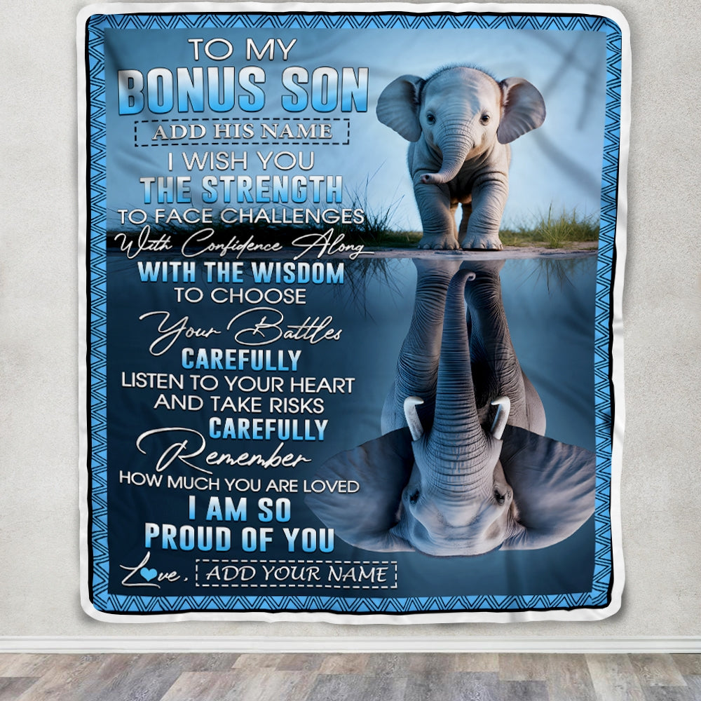 Personalized To My Bonus Son Gifts Blanket From Stepmom Stepdad I Wish You The Strength Elephant Stepson Birthday Gifts Christmas Custom Fleece Blanket | siriusteestore