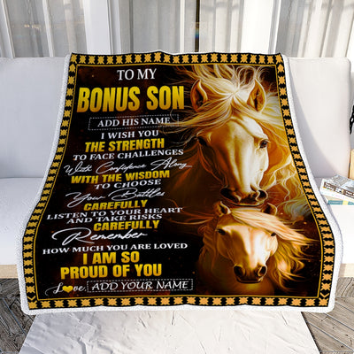 Personalized To My Bonus Son Gifts Blanket From Stepmom Stepdad I Wish You The Strength Horse Stepson Birthday Gifts Christmas Graduation Fleece Blanket | siriusteestore