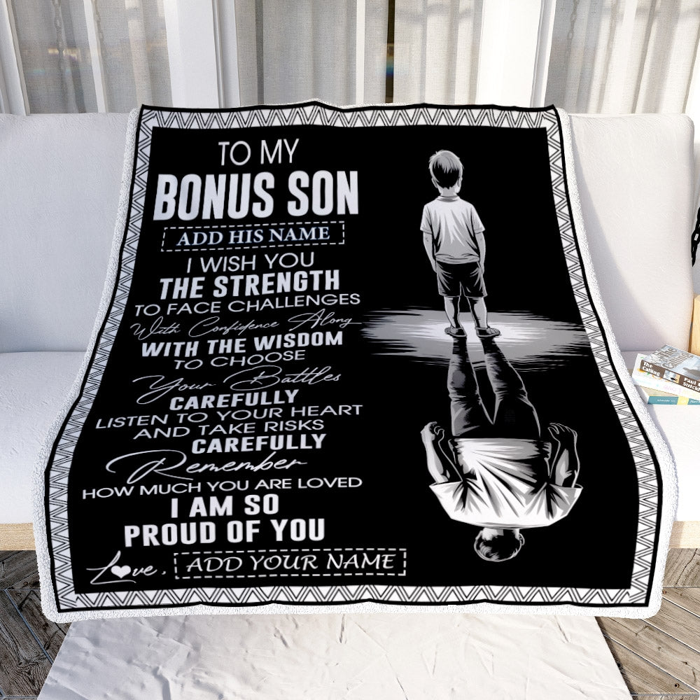 Personalized To My Bonus Son Gifts Blanket From Stepmom Stepdad I Wish You The Strength Stepson Birthday Gifts Christmas Graduation Custom Fleece Blanket | siriusteestore