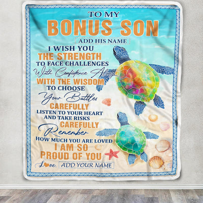 Personalized To My Bonus Son Gifts Blanket From Stepmom Stepdad I Wish You The Strength Turtle Stepson Birthday Gifts Christmas Graduation Fleece Blanket | siriusteestore