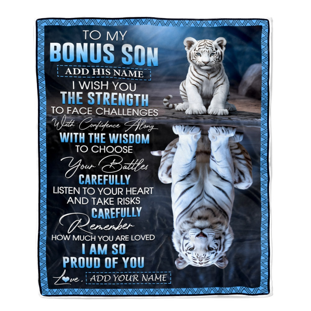 Personalized To My Bonus Son Gifts Blanket From Stepmom Stepdad I Wish You The Strength White Tier Stepson Birthday Gifts Christmas Custom Fleece Blanket | siriusteestore