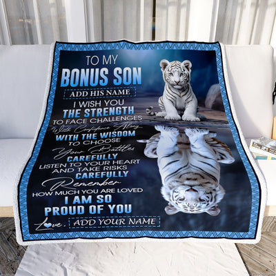 Personalized To My Bonus Son Gifts Blanket From Stepmom Stepdad I Wish You The Strength White Tier Stepson Birthday Gifts Christmas Custom Fleece Blanket | siriusteestore