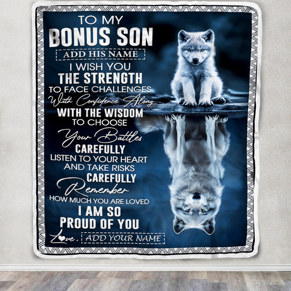 Personalized To My Bonus Son Gifts Blanket From Stepmom Stepdad I Wish You The Strength Wolf Stepson Birthday Gifts Christmas Graduation Fleece Blanket | siriusteestore