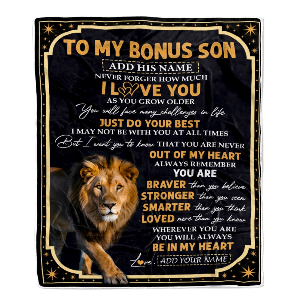 Personalized To My Bonus Son Gifts Blanket From Stepmom Stepdad Inspirational I Love You Lion Stepson Birthday Gifts Graduation Christmas Fleece Throw Blanket | siriusteestore