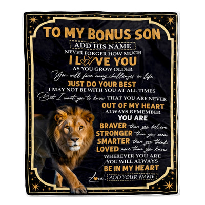 Personalized To My Bonus Son Gifts Blanket From Stepmom Stepdad Inspirational I Love You Lion Stepson Birthday Gifts Graduation Christmas Fleece Throw Blanket | siriusteestore