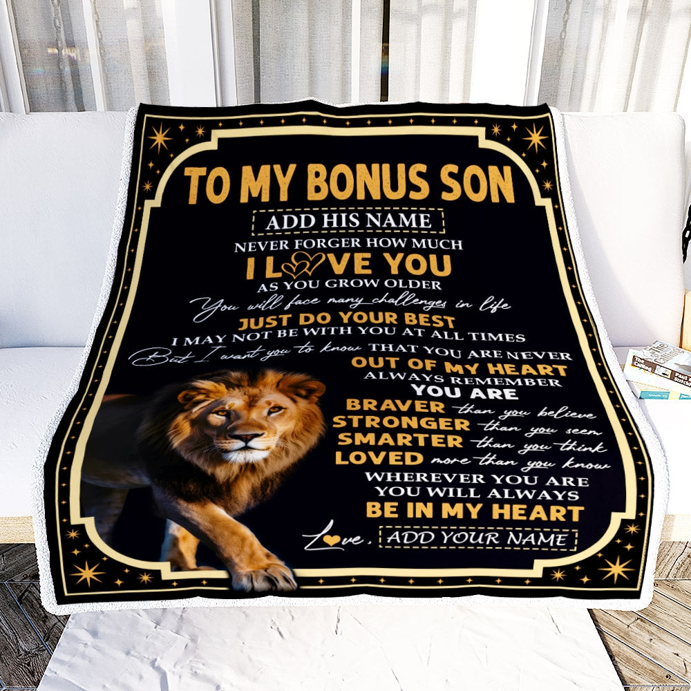 Personalized To My Bonus Son Gifts Blanket From Stepmom Stepdad Inspirational I Love You Lion Stepson Birthday Gifts Graduation Christmas Fleece Throw Blanket | siriusteestore