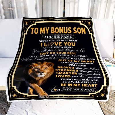 Personalized To My Bonus Son Gifts Blanket From Stepmom Stepdad Inspirational I Love You Lion Stepson Birthday Gifts Graduation Christmas Fleece Throw Blanket | siriusteestore
