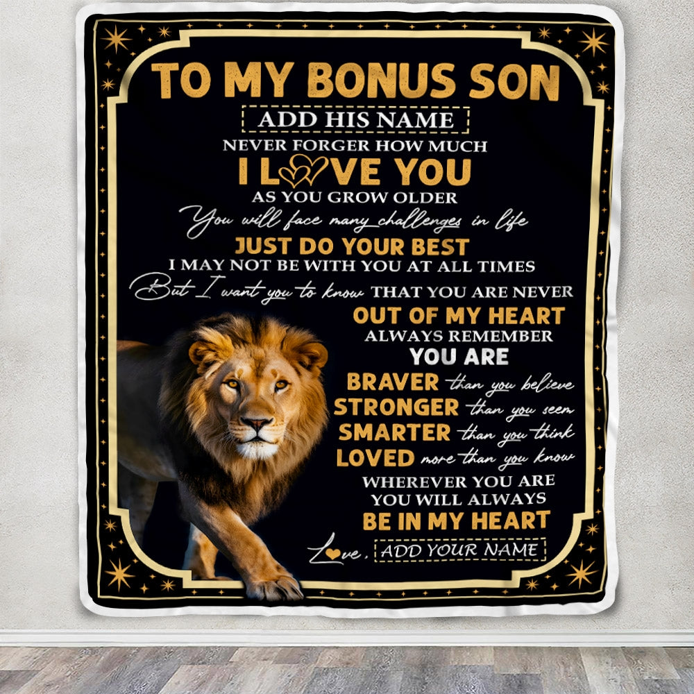 Personalized To My Bonus Son Gifts Blanket From Stepmom Stepdad Inspirational I Love You Lion Stepson Birthday Gifts Graduation Christmas Fleece Throw Blanket | siriusteestore
