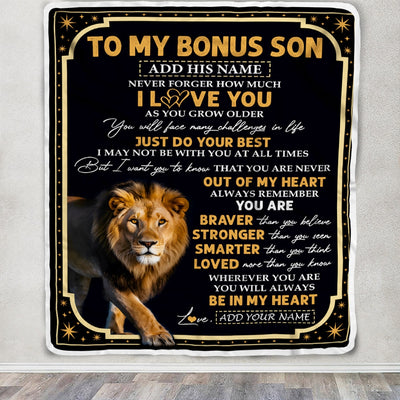 Personalized To My Bonus Son Gifts Blanket From Stepmom Stepdad Inspirational I Love You Lion Stepson Birthday Gifts Graduation Christmas Fleece Throw Blanket | siriusteestore