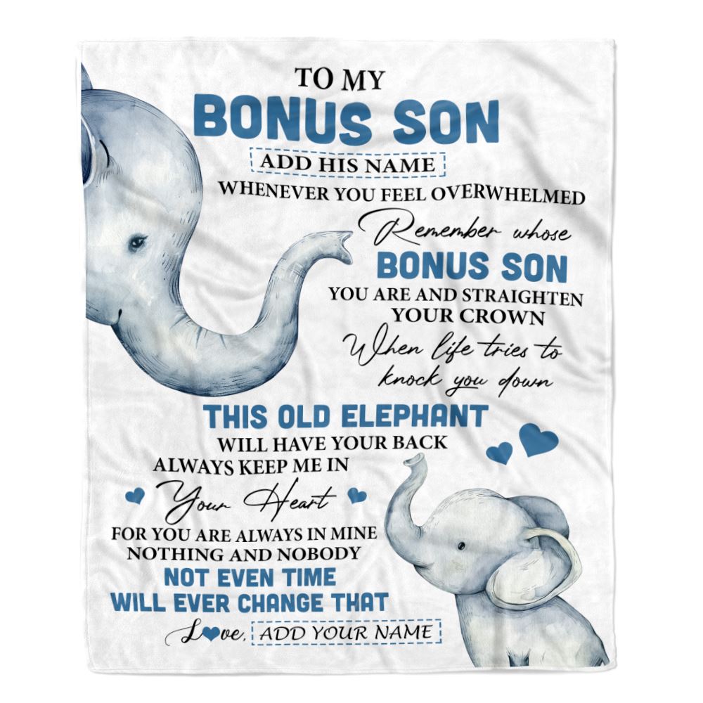 Personalized To My Bonus Son Gifts Blanket From Stepmom Stepdad Whenever Elephant Unique Birthday Gifts For Stepson Graduation Christmas Fleece Blanket | siriusteestore