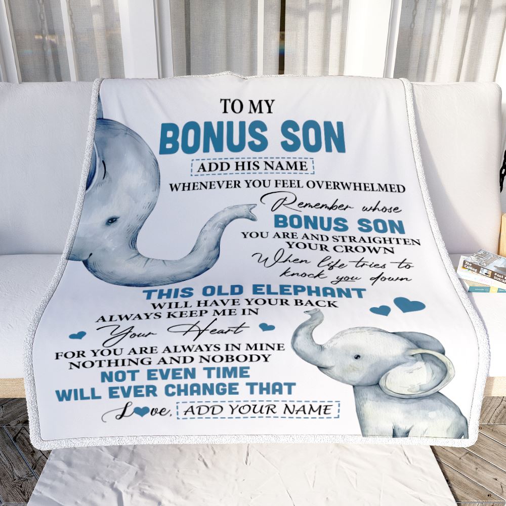 Personalized To My Bonus Son Gifts Blanket From Stepmom Stepdad Whenever Elephant Unique Birthday Gifts For Stepson Graduation Christmas Fleece Blanket | siriusteestore