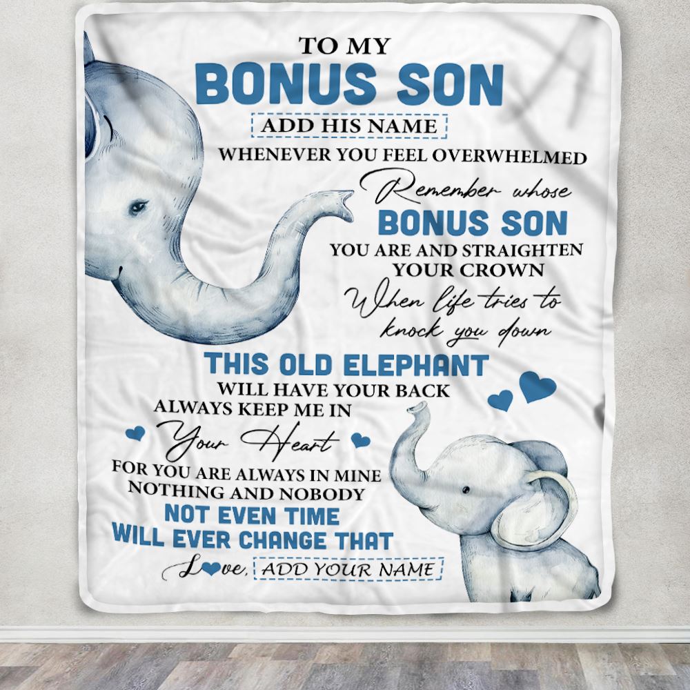 Personalized To My Bonus Son Gifts Blanket From Stepmom Stepdad Whenever Elephant Unique Birthday Gifts For Stepson Graduation Christmas Fleece Blanket | siriusteestore