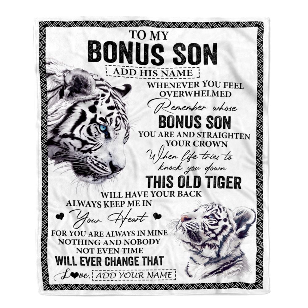Personalized To My Bonus Son Gifts Blanket From Stepmom Stepdad Whenever White Tiger Unique Birthday Gifts For Stepson Graduation Christmas Fleece Blanket | siriusteestore