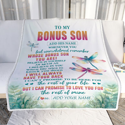 Personalized To My Bonus Son Gifts Blanket From Stepmom Stepdad Whenever You Feel Dragonfly Stepson Birthday Gifts Christmas Customized Fleece Blanket | siriusteestore