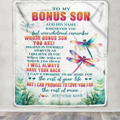 Personalized To My Bonus Son Gifts Blanket From Stepmom Stepdad Whenever You Feel Dragonfly Stepson Birthday Gifts Christmas Customized Fleece Blanket | siriusteestore
