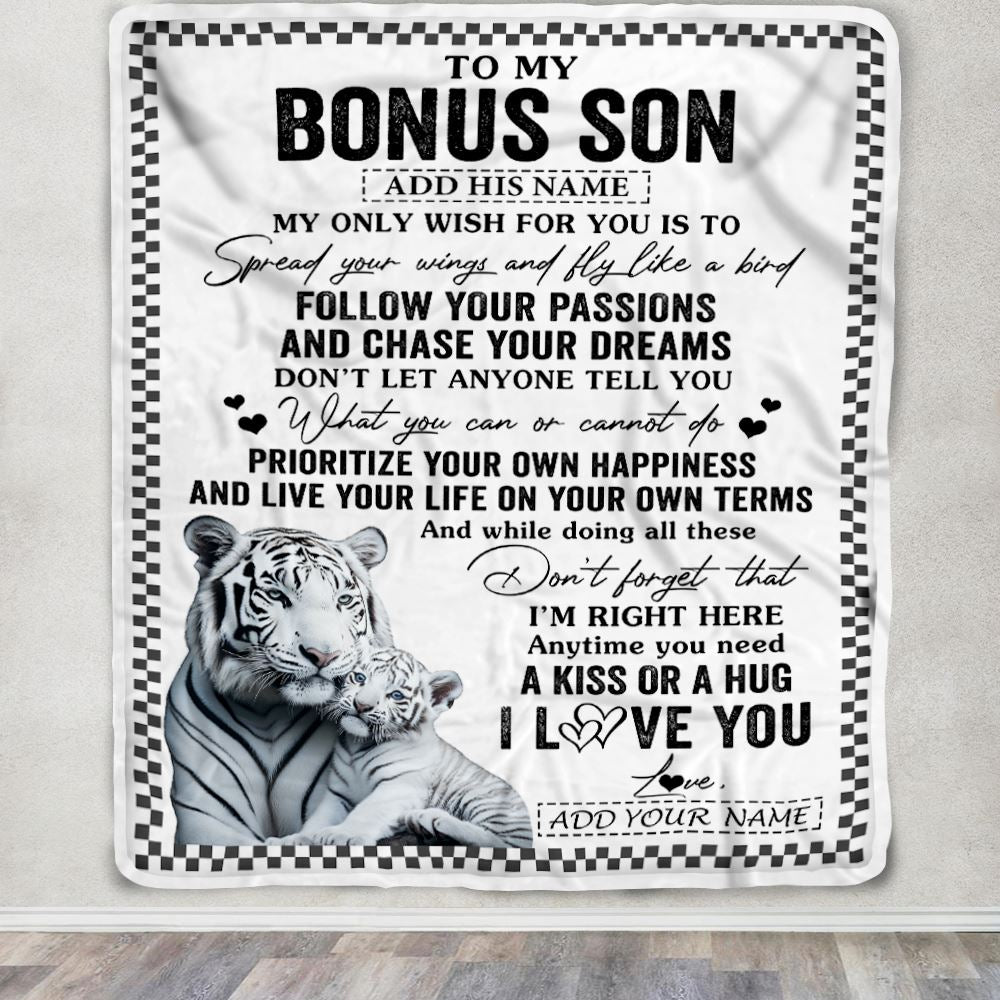Personalized To My Bonus Son Gifts Blanket From Stepmom Stepdad White Tiger My Only Wish For You Stepson Birthday Gifts Graduation Christmas Fleece Blanket | siriusteestore