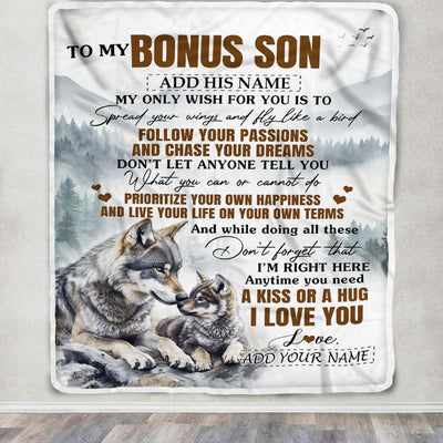 Personalized To My Bonus Son Gifts Blanket From Stepmom Stepdad Wolf My Only Wish For You Stepson Birthday Gifts Graduation Christmas Fleece Throw Blanket | siriusteestore