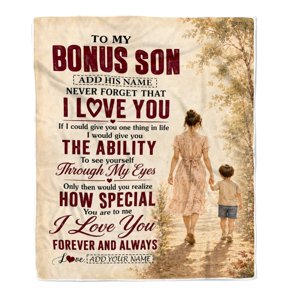 Personalized To My Bonus Son Gifts Blanket From Stepmom Stepson Holding Hands Letter Birthday Gift Graduation Christmas Customized Bed Fleece Throw Blanket | siriusteestore
