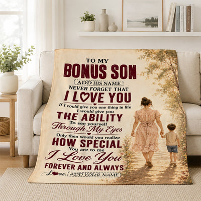 Personalized To My Bonus Son Gifts Blanket From Stepmom Stepson Holding Hands Letter Birthday Gift Graduation Christmas Customized Bed Fleece Throw Blanket | siriusteestore